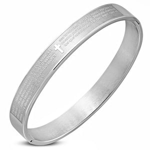 Stainless Steel Silver-Tone Padre Nuestro Prayer Spanish Cross Bangle Bracelet, 7"