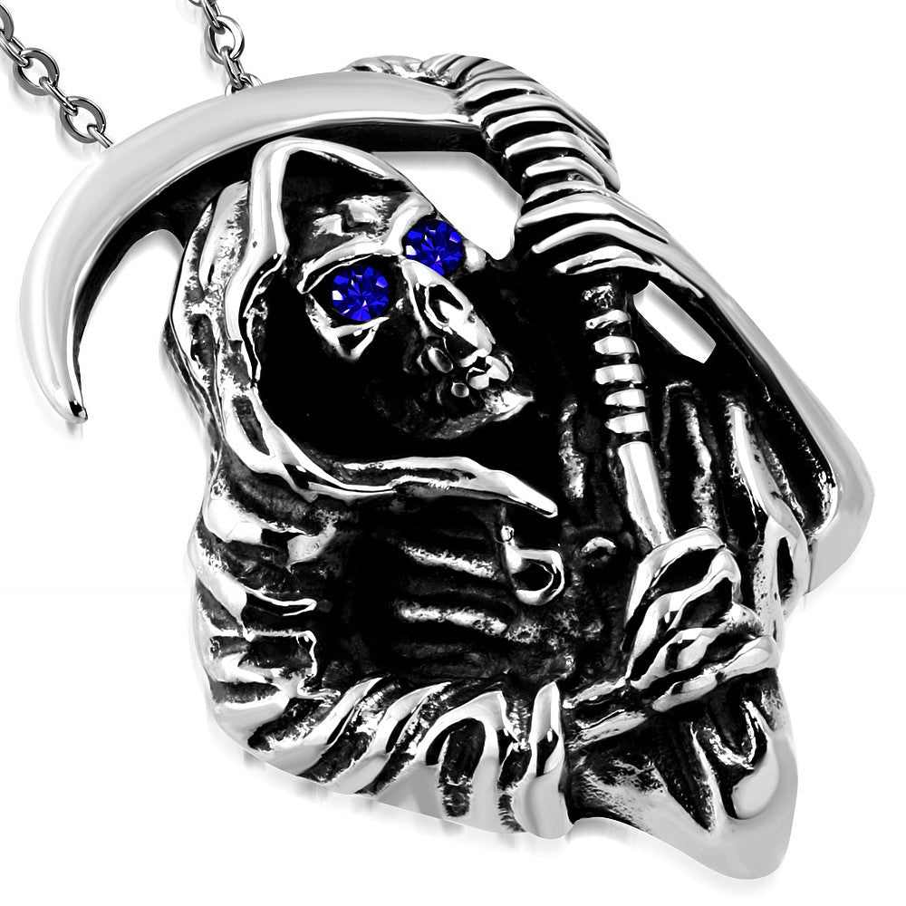 Stainless Steel Silver-Tone Blue CZ Skull Death Mens Pendant Necklace, 22"