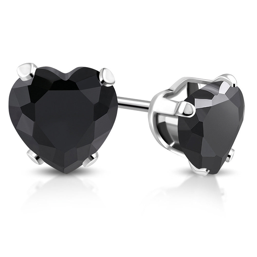 Stainless Steel Black CZ Love Heart Stud Earrings