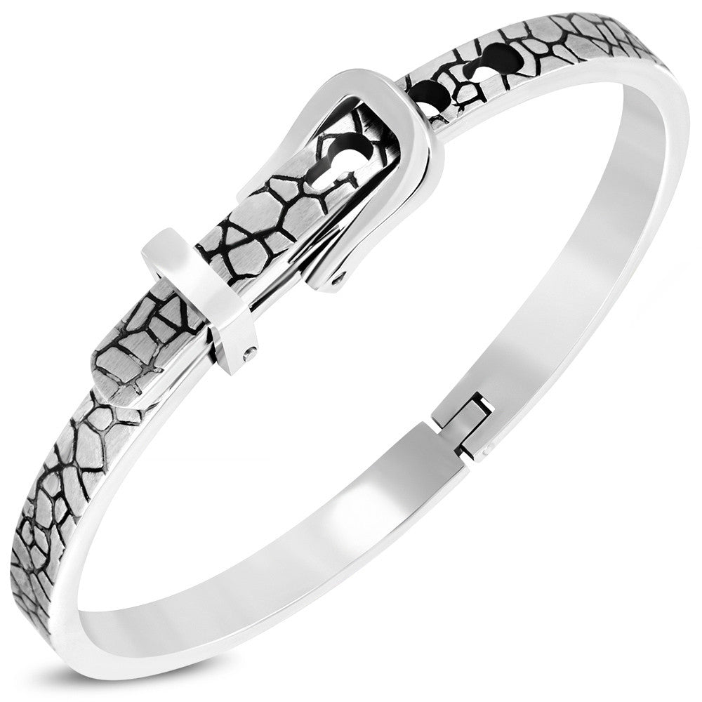 Stainless Steel Silver-Tone Belt Buckle Bangle Bracelet, 7"