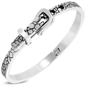 Stainless Steel Silver-Tone Belt Buckle Bangle Bracelet, 7"