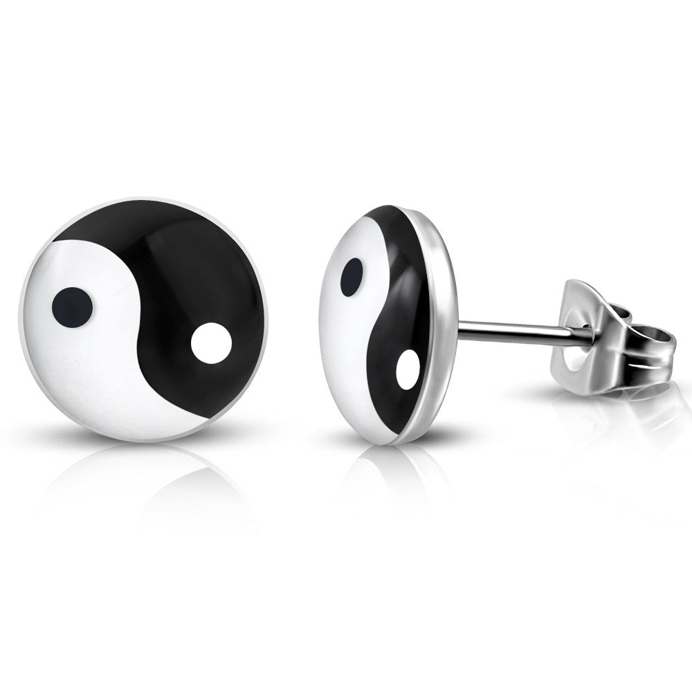 Stainless Steel Yin and Yang White Black Round Stud Earrings, 0.25" Diameter