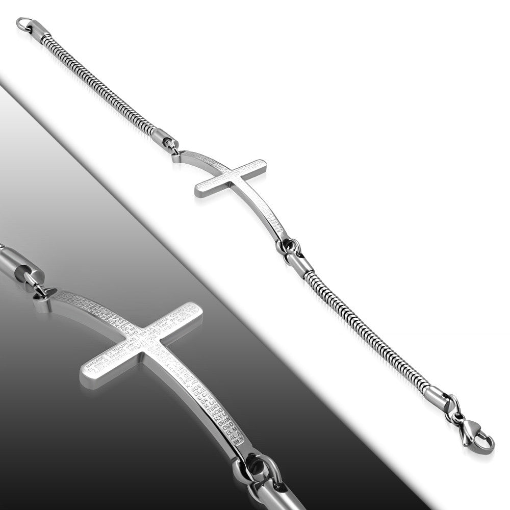 Stainless Steel Silver-Tone Sideways Cross Padre Nuestro Spanish Prayer Clasp Bracelet