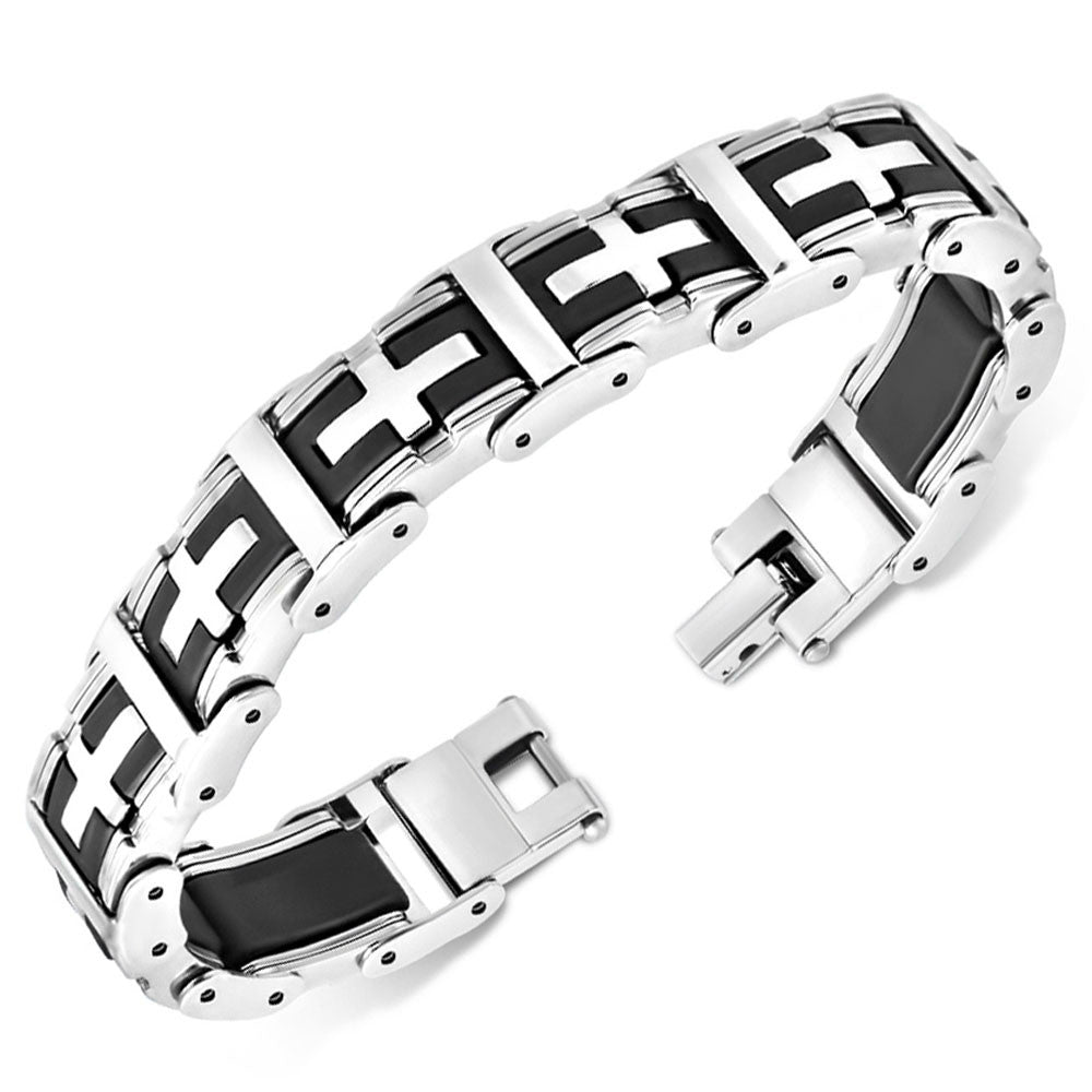 Stainless Steel Black Silver-Tone Religious Cross Mens Link Bracelet, 7.5"