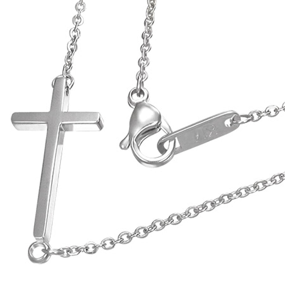 Stainless Steel Silver-Tone Sideways Horizontal Cross Pendant Necklace, 18"