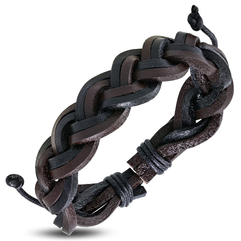 Brown Black Leather Braided Adjustable Bracelet, 7" to 10"