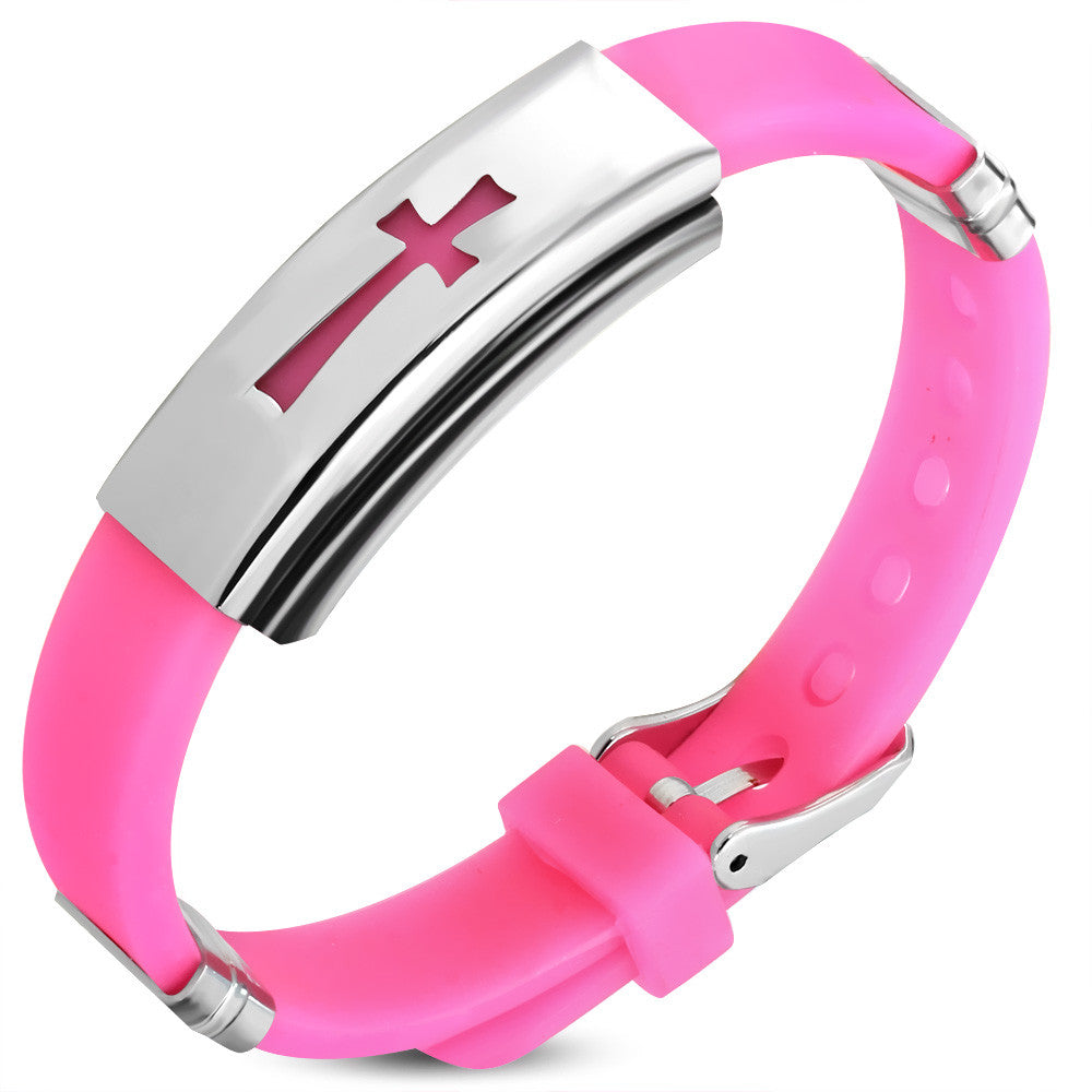 Stainless Steel Pink Rubber Religious Latin Cross Adjustable Bracelet, up to 8.5" 