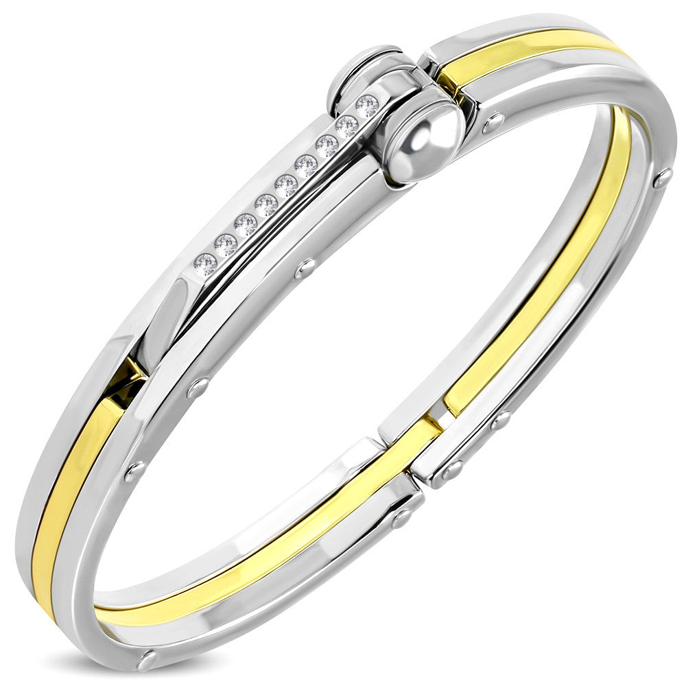 Fashion Alloy Silver-Tone Yellow Gold-Tone Two-Tone Clear CZ Handcuff Bracelet, 7"