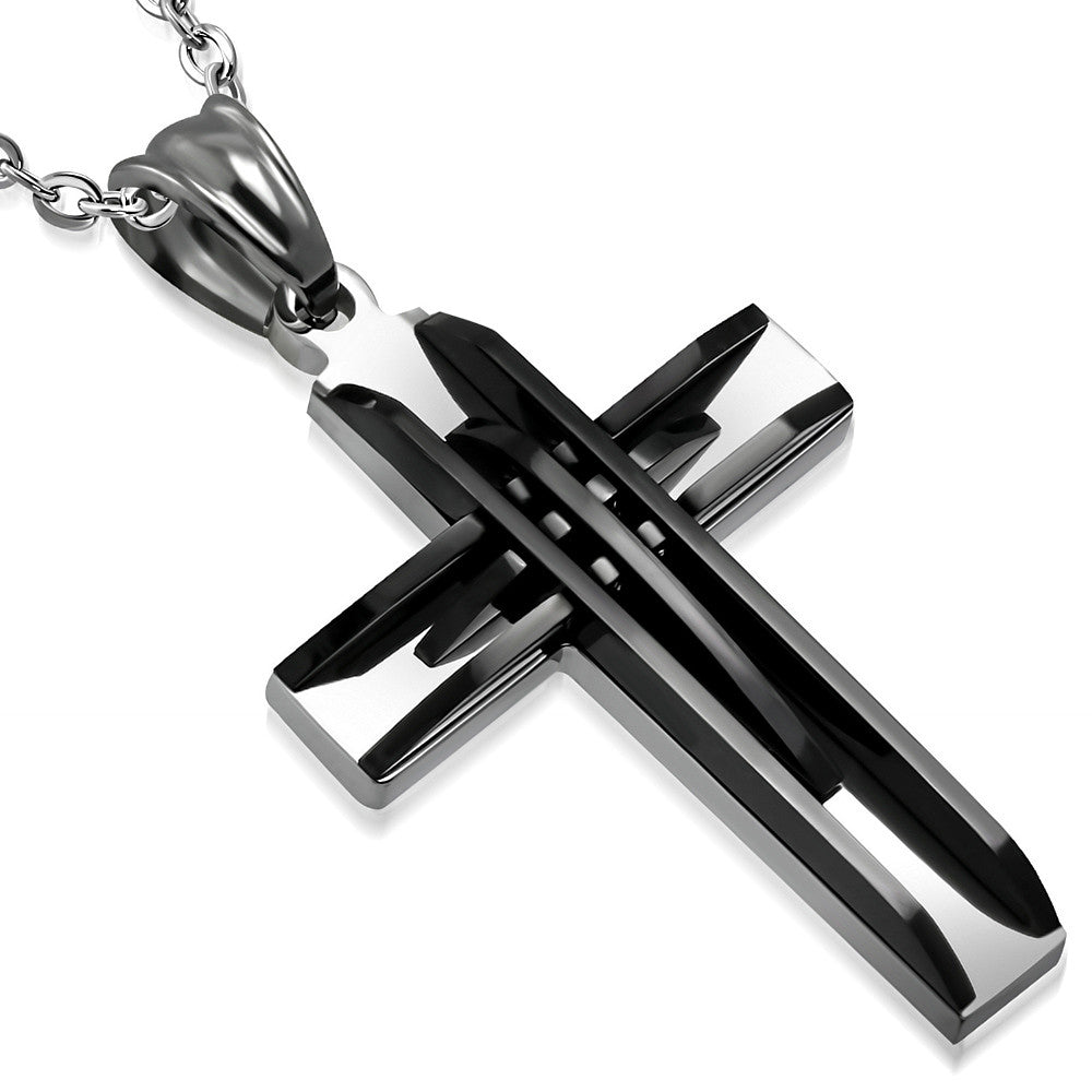 Stainless Steel Black Religious Cross Pendant Necklace, 22"