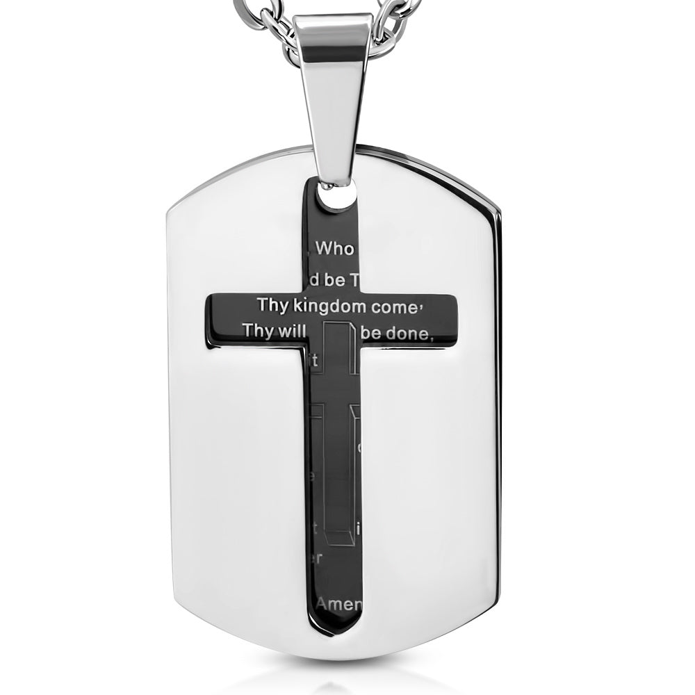 Stainless Steel Black Silver-Tone Cut-out Religious Cross Prayer English Mens Pendant Necklace, 22"