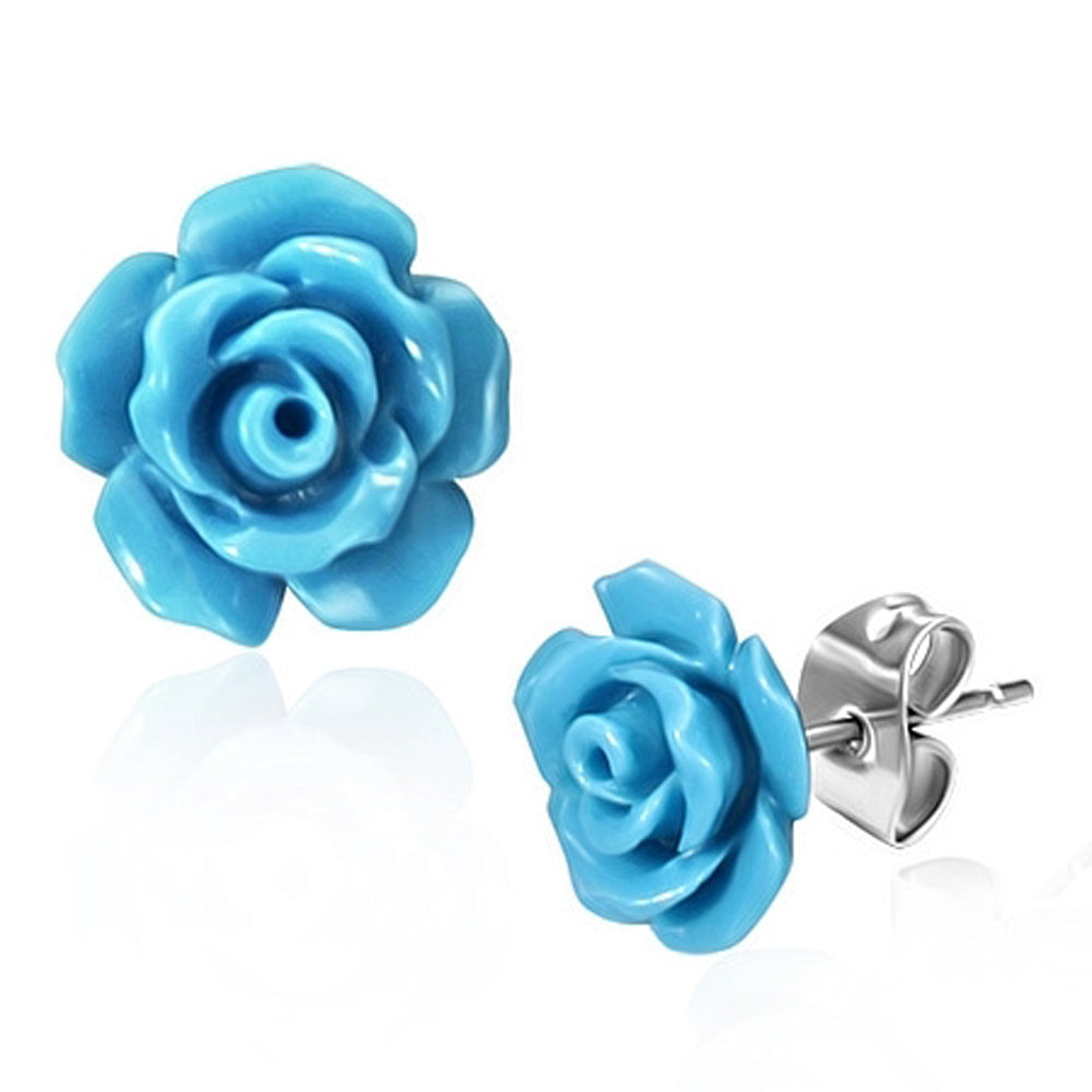 Stainless Steel Blue Polymer Clay Flowers Rose Stud Earrings, 0.4"