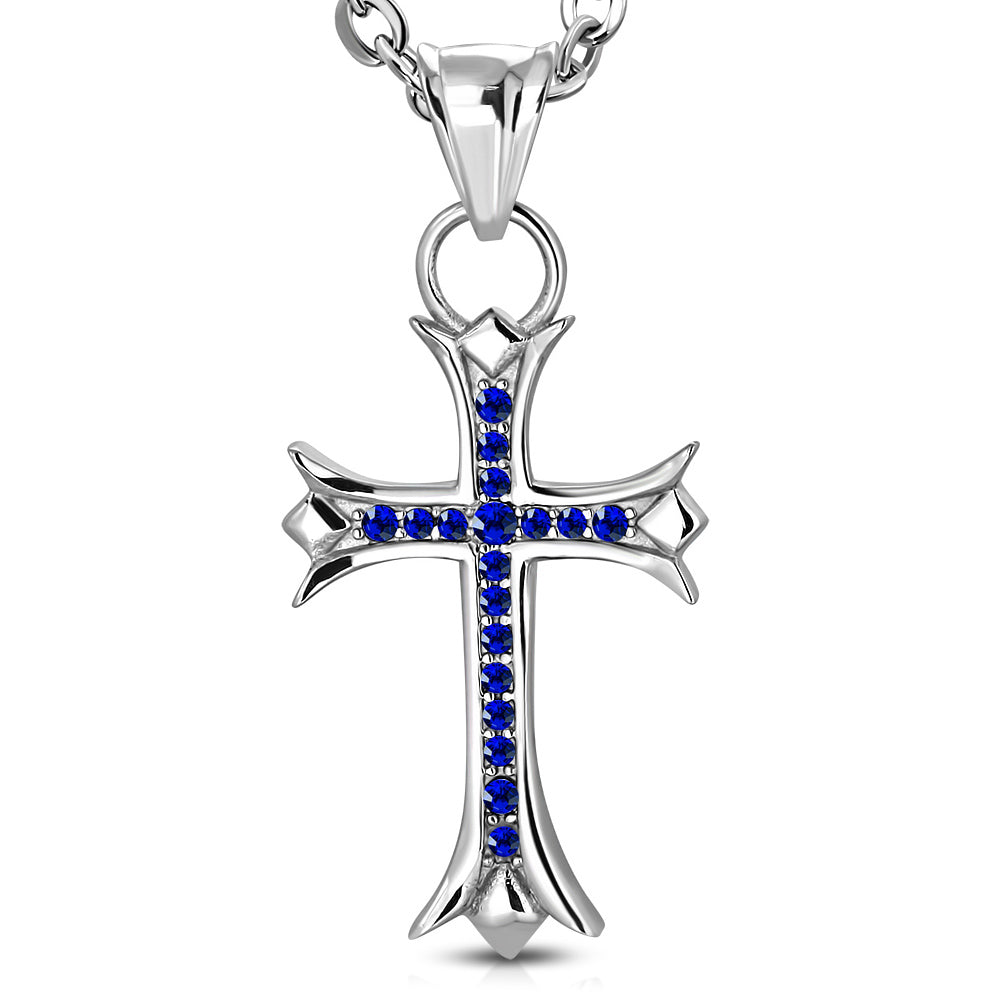 Stainless Steel Silver-Tone Religious Cross Blue CZ Pendant Necklace, 19"