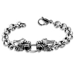 Stainless Steel Silver-Tone Double Dragon Link Chain Mens Bracelet, 8.5"