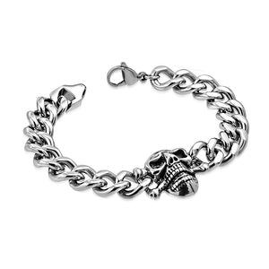 Stainless Steel Silver-Tone Skull Link Chain Mens Bracelet, 9"