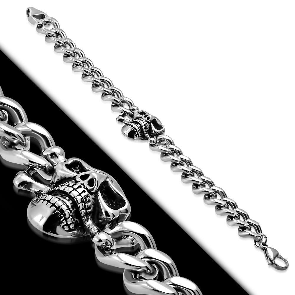 Stainless Steel Silver-Tone Skull Link Chain Mens Bracelet