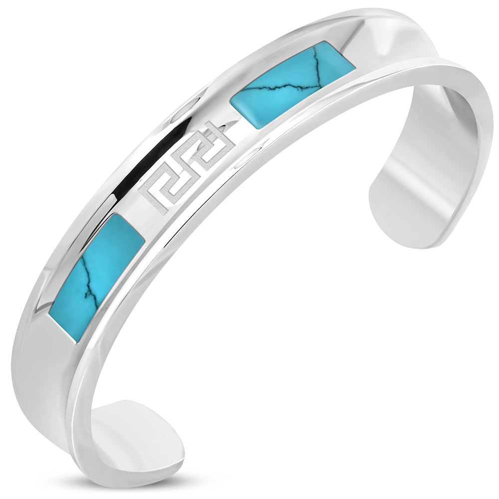 Stainless Steel Silver-Tone Simulated Turquoise Open-End Bangle Bracelet, 8.5"
