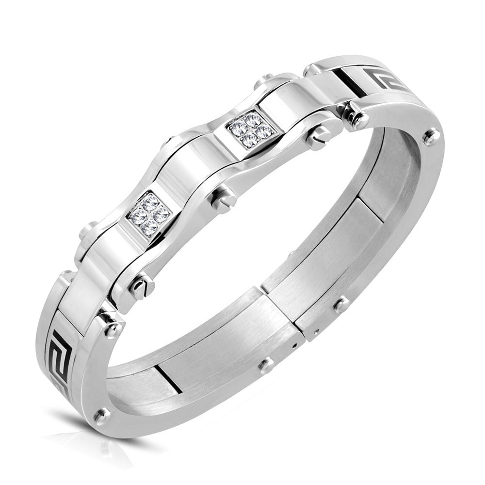 Stainless Steel Silver-Tone Clear White CZ Mens Handcuff Bracelet, 8"