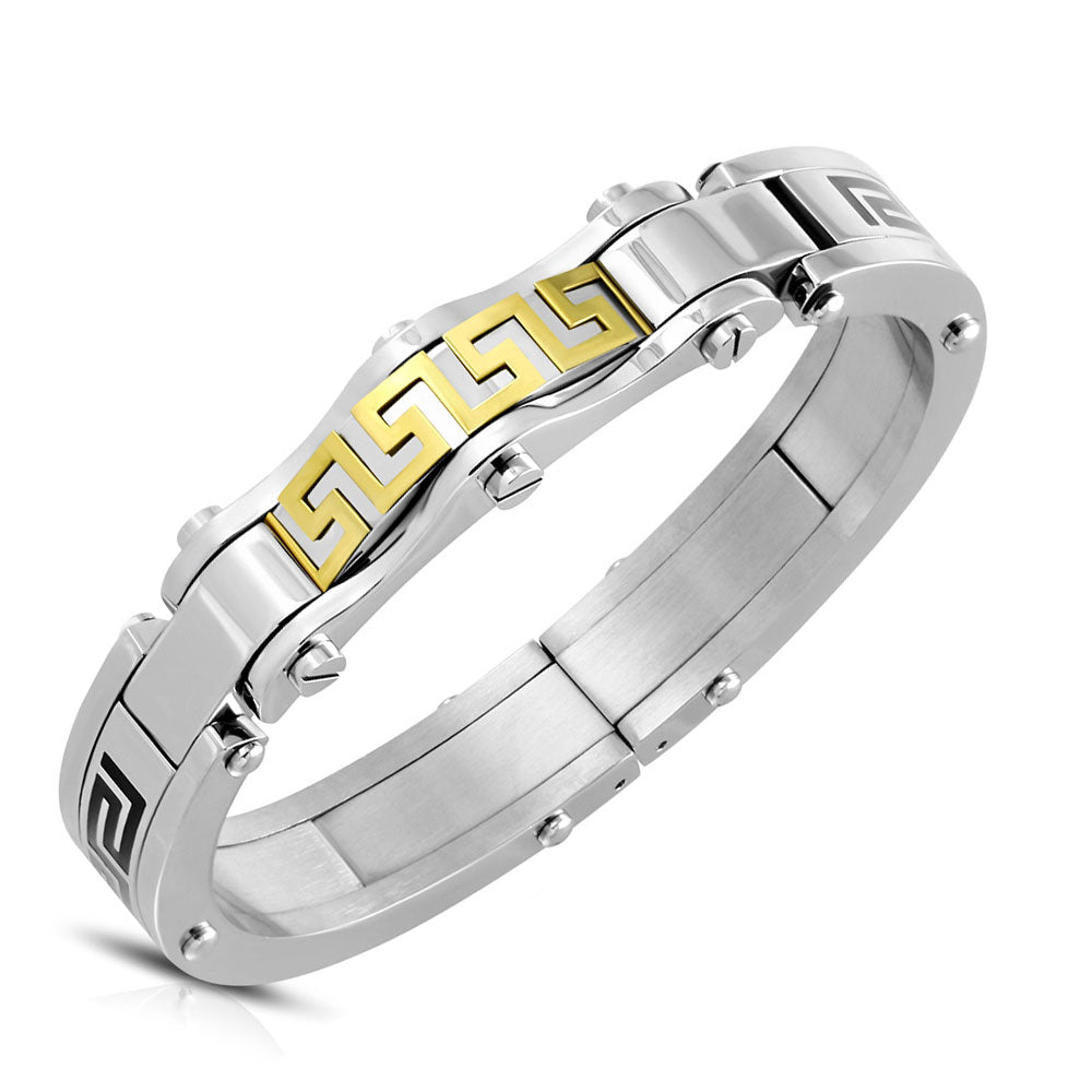 Stainless Steel Silver-Tone Yellow Gold-Tone Greek Key Mens Handcuff Bracelet, 8"