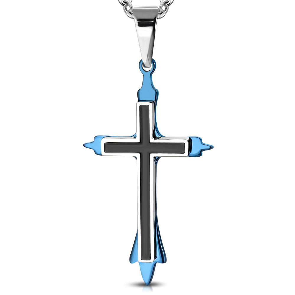 Stainless Steel Black Blue Religious Latin Cross Pendant Necklace, 22"