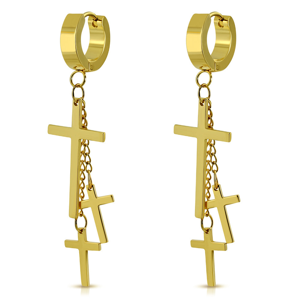 Stainless Steel Yellow Gold-Tone Religious Cross Dangle Drop Chain Earrings, 2.3"