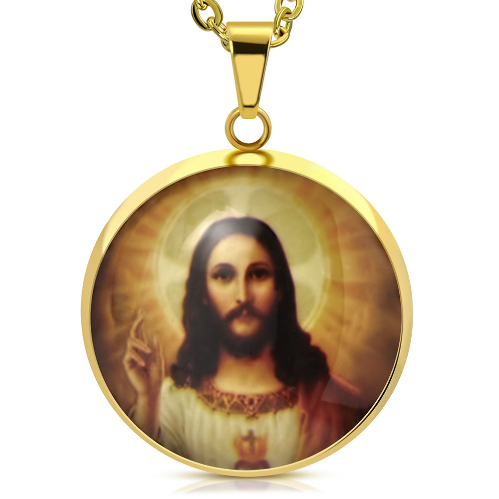 Stainless Steel Yellow Gold-Tone Round Jesus Religious Amulet Pendant Necklace, 20"