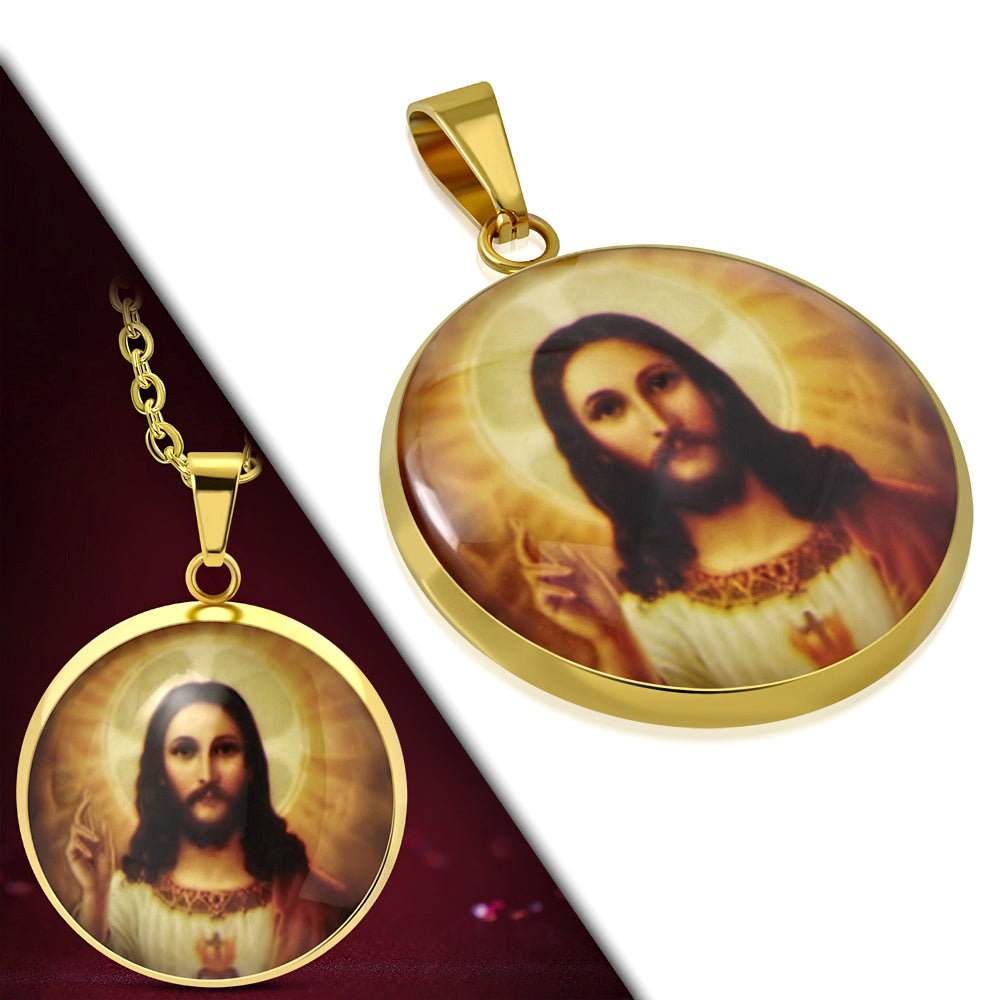 Gold Jesus Icon Circle Necklace Stainless Steel