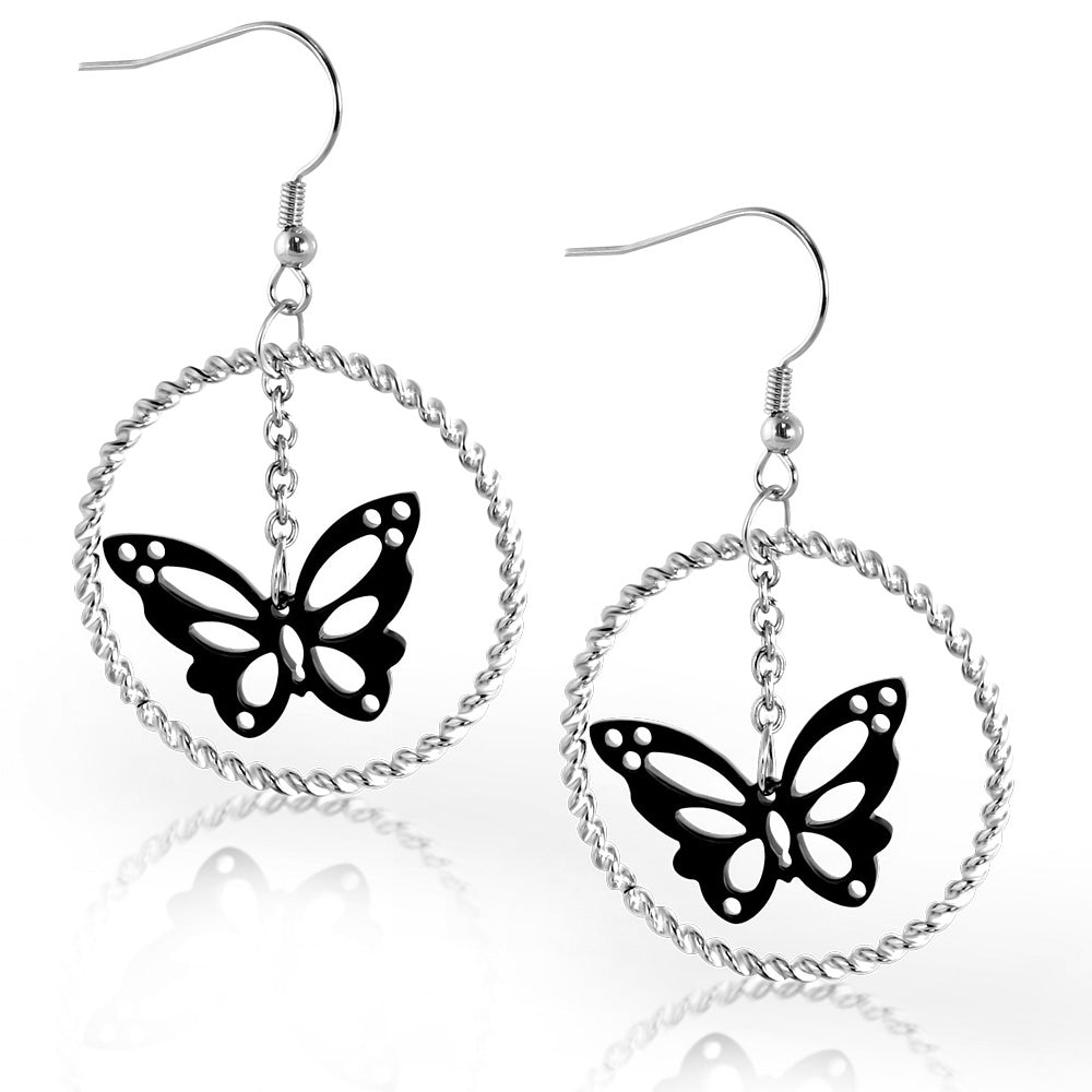 Stainless Steel Silver-Tone Black Butterfly Round Circle Dangle Drop Earrings, 1.8"