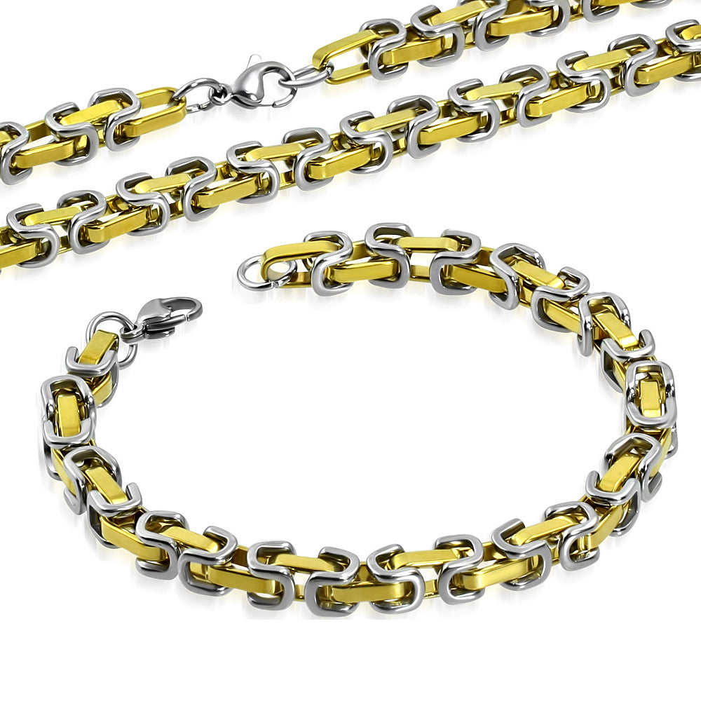 Stainless Steel Two-Tone Link Bracelet Chain Necklace Mens Jewelry Set, 8.5" and 24"