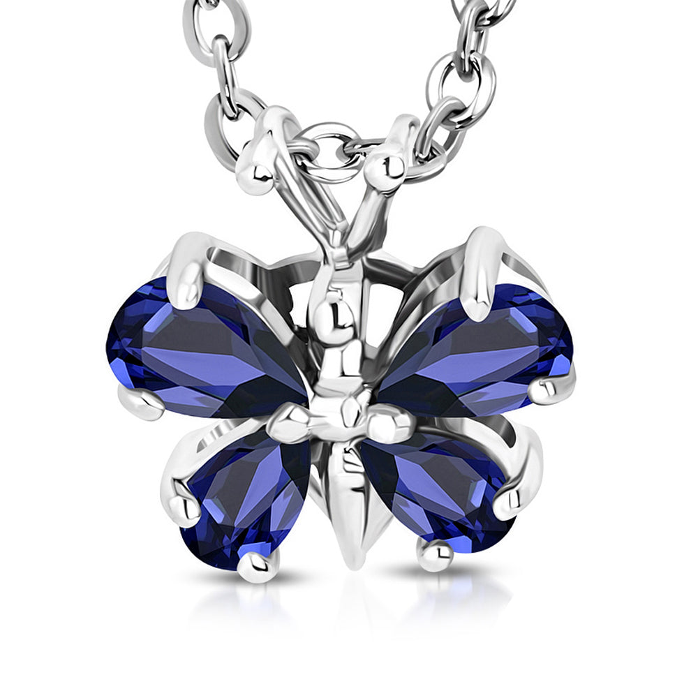 Stainless Steel Silver-Tone Blue Sapphire-Tone CZ Butterfly Pendant Necklace, 16"