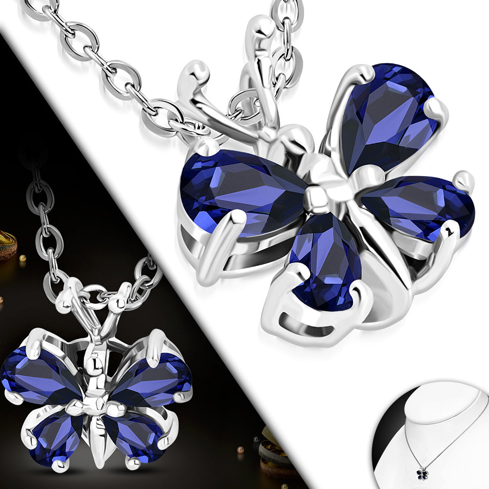 Sapphire Butterfly Necklace Pendant Stainless Steel Cubic Zirconia