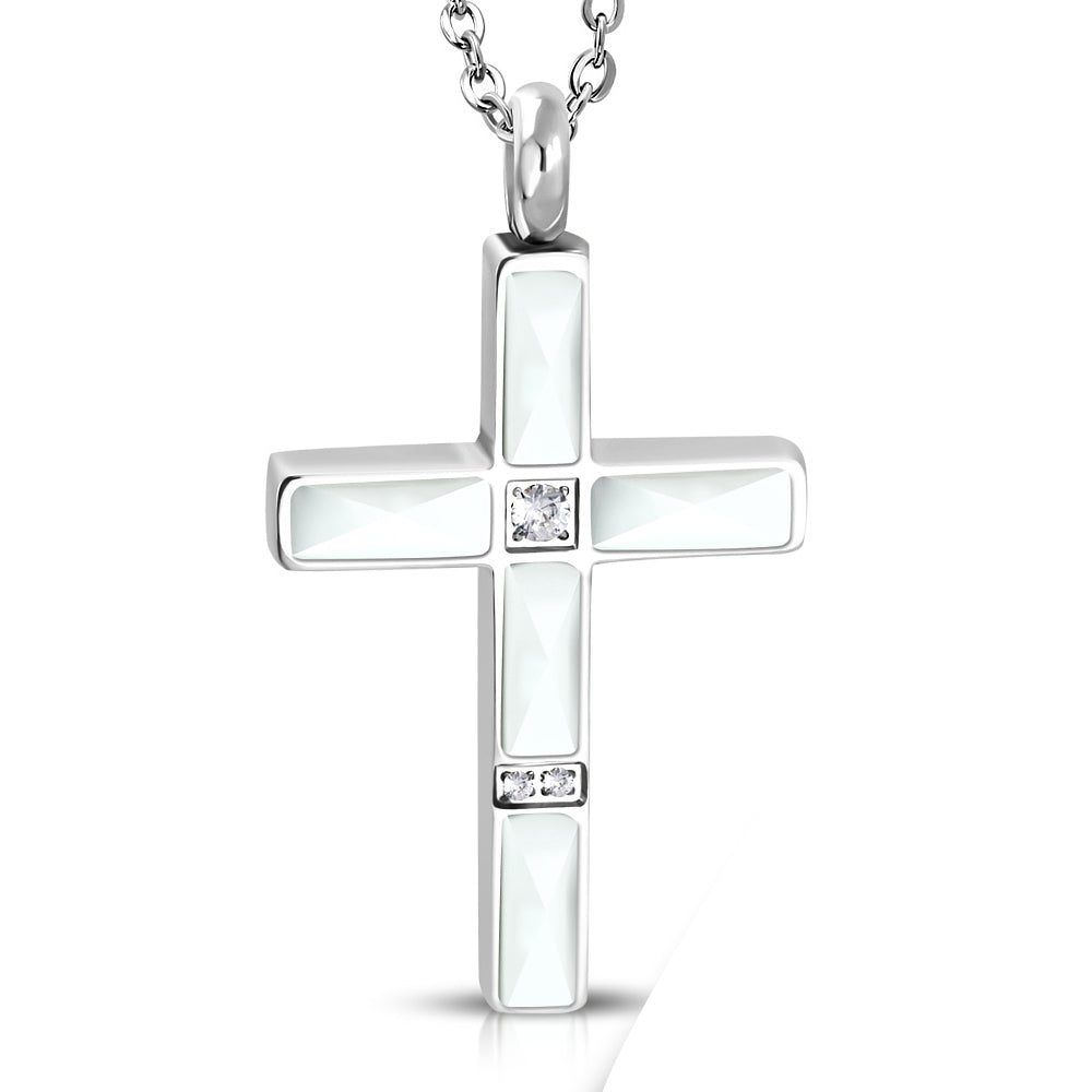 Stainless Steel Silver-Tone White Clear CZ Religious Cross Pendant Necklace, 24"