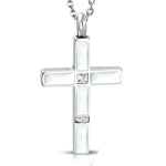 Stainless Steel Silver-Tone White Clear CZ Religious Cross Pendant Necklace, 24"