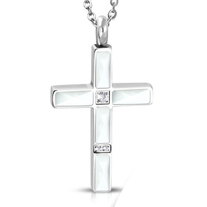 Stainless Steel Silver-Tone White Clear CZ Religious Cross Pendant Necklace, 24"