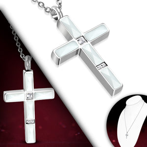 Stainless Steel Silver-Tone White Ceramic Stones Religious Cross Pendant Necklace, 24"