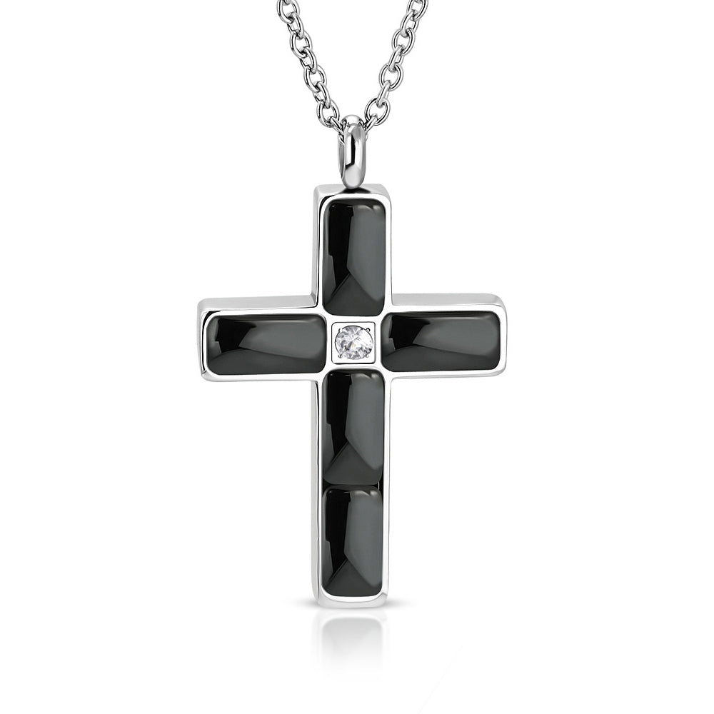 Stainless Steel Silver-Tone Black White Clear CZ Religious Cross Pendant Necklace, 24"