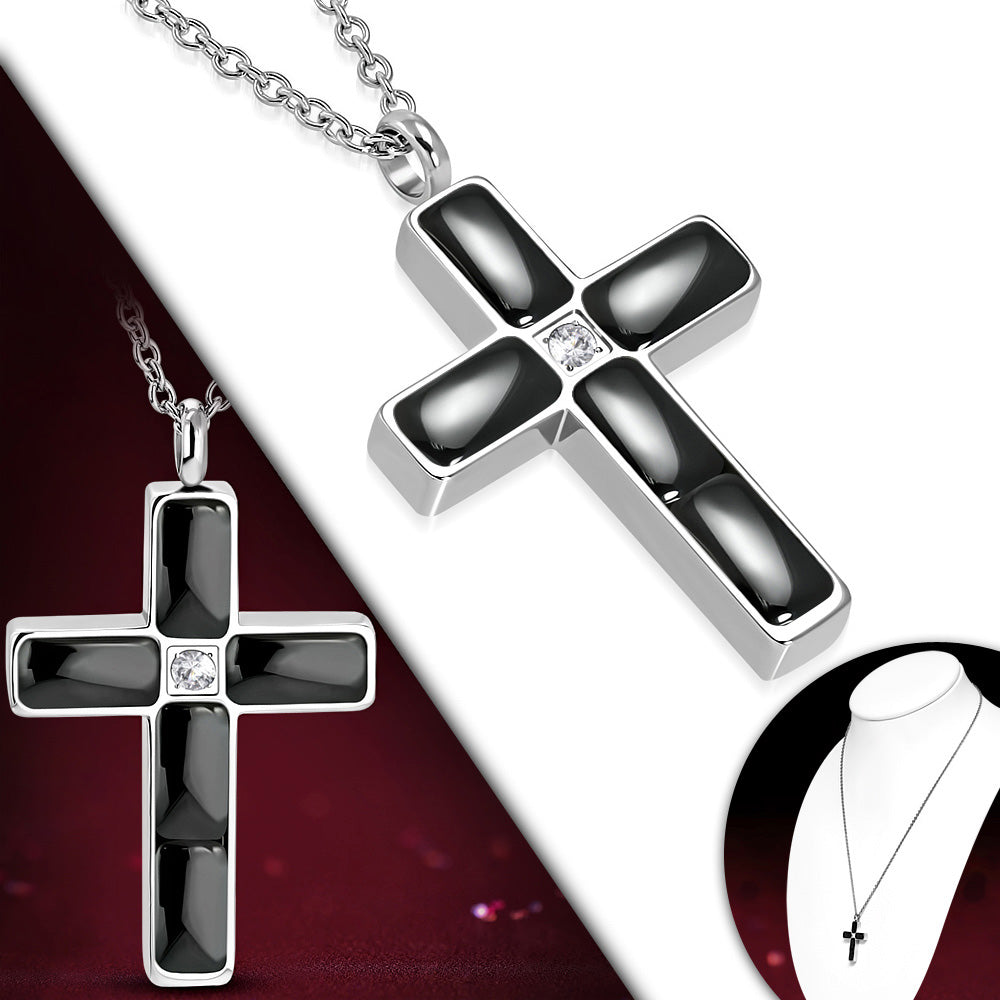 Stainless Steel Silver-Tone Black Ceramic Religious Cross Pendant Necklace, 24"
