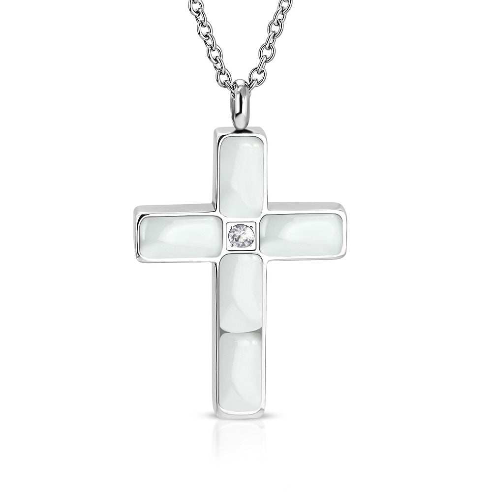 Stainless Steel Silver-Tone Black White Clear CZ Religious Cross Pendant Necklace, 24"