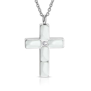 Stainless Steel Silver-Tone Black White Clear CZ Religious Cross Pendant Necklace, 24"