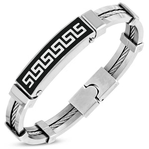 Stainless Steel Silver-Tone Black Greek Key Rope Men's Cuff Bracelet, 7.25"