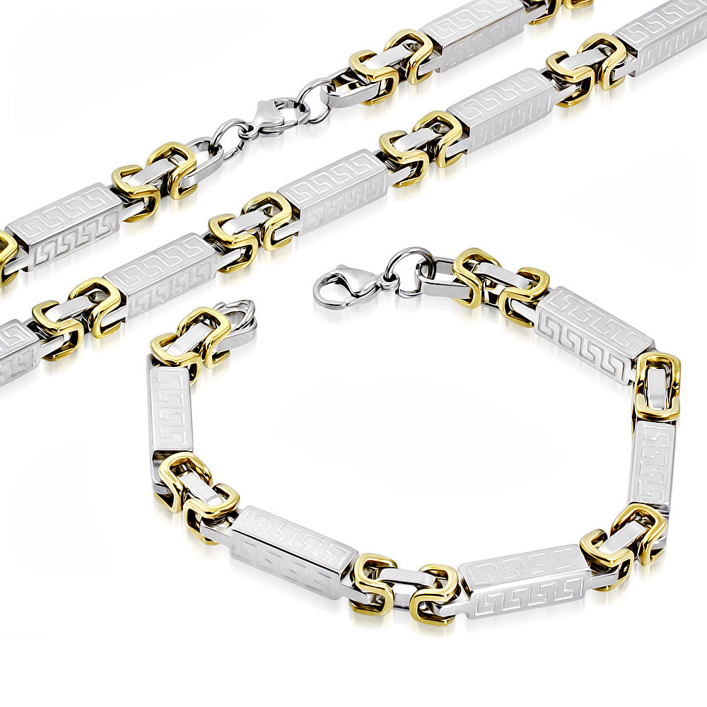 Stainless Steel Two-Tone Greek Key Men's Necklace Bracelet Set, 21" and 8"
