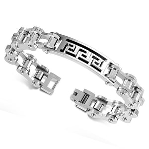 Stainless Steel Silver-Tone Bike Chain Greek Key Men's Link Bracelet, 9"