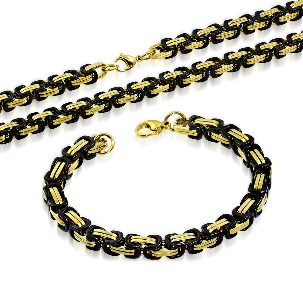 Stainless Steel Black Yellow Gold-Tone Men's Necklace Bracelet Jewelry Set, 21" and 8"