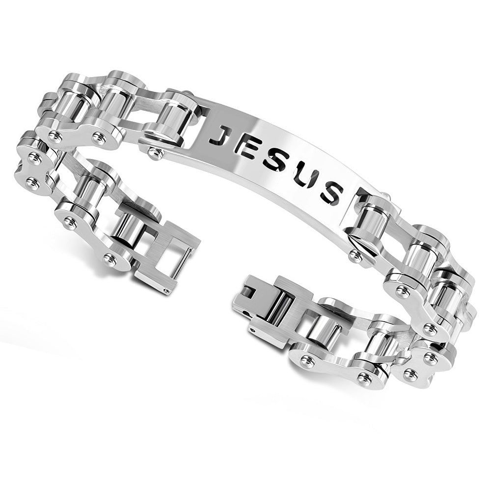 Stainless Steel Silver-Tone Bike Chain Religious Jesus Link Men's Bracelet, 9"