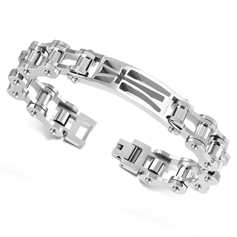 Stainless Steel Silver-Tone Bike Chain Religious Cross Link Men's Bracelet, 9"