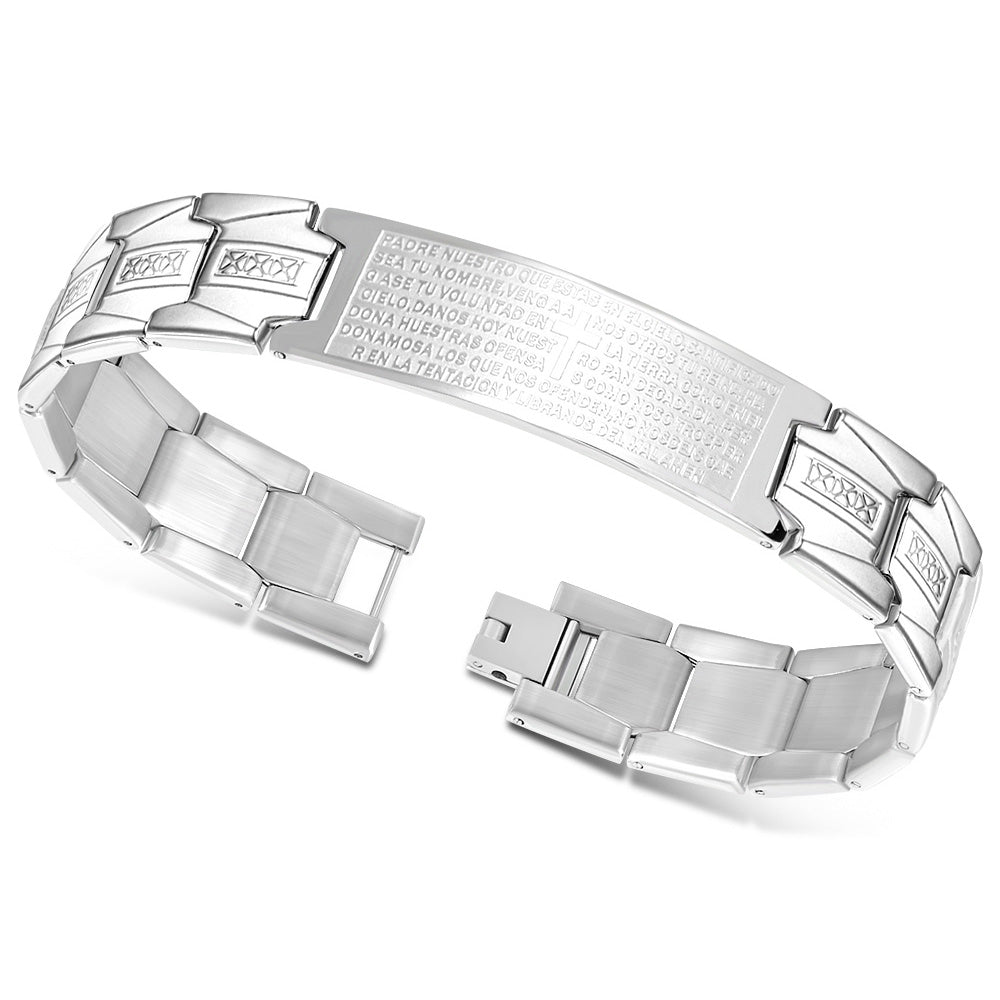 Stainless Steel Silver-Tone Padre Nuestro Prayer Spanish Men's Link Bracelet, 8.75"