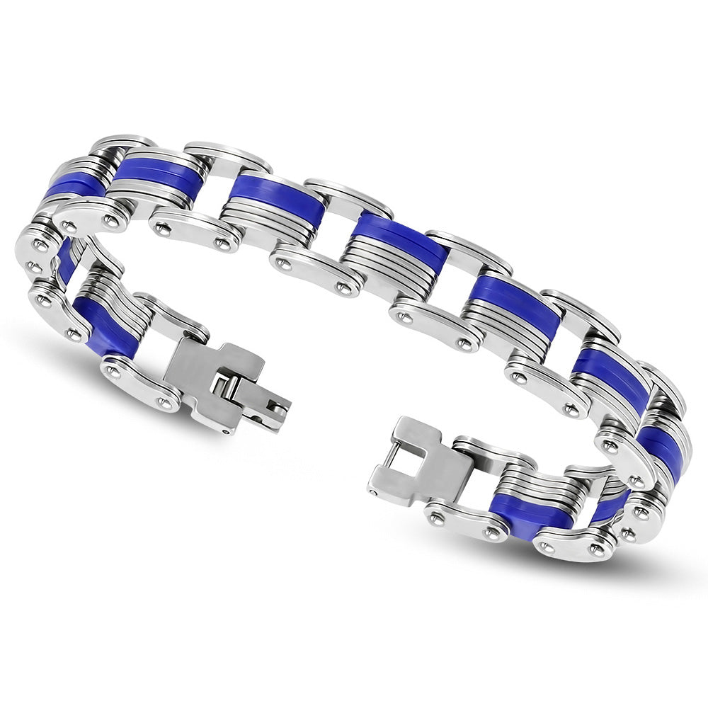 Stainless Steel Silver-Tone Blue Link Men's Bracelet, 8"