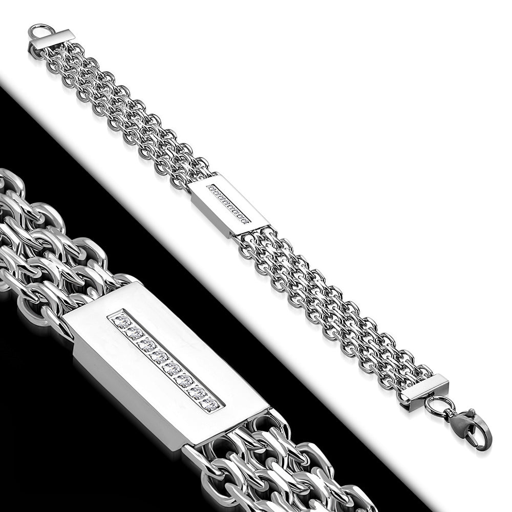 Stainless Steel Silver-Tone White Clear CZ Link Chain Men's Bracelet