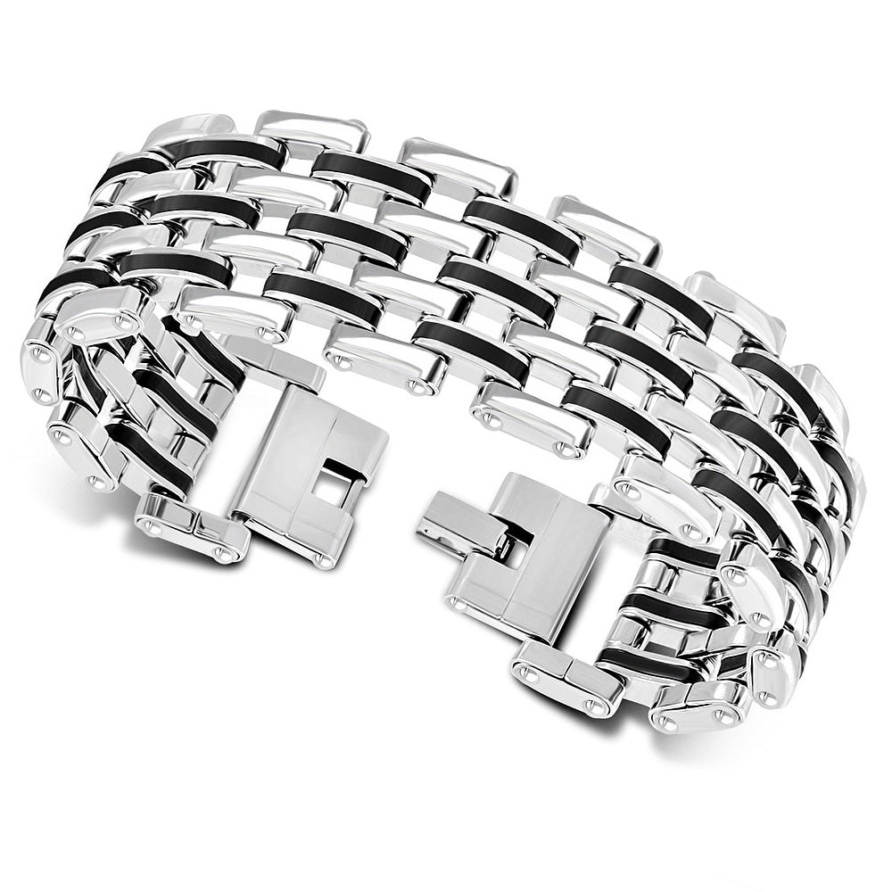 Stainless Steel Black Silver-Tone Wide Men's Link Bracelet, 8"