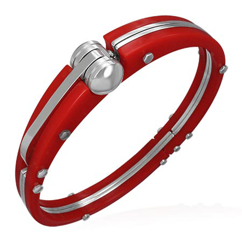 Stainless Steel Silver-Tone Red Plastic Handcuff Men's Bracelet, 7.5"