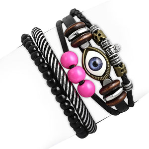 Fashion Pink Black Silver-Tone Leather Evil Eye Protection Bracelet Set